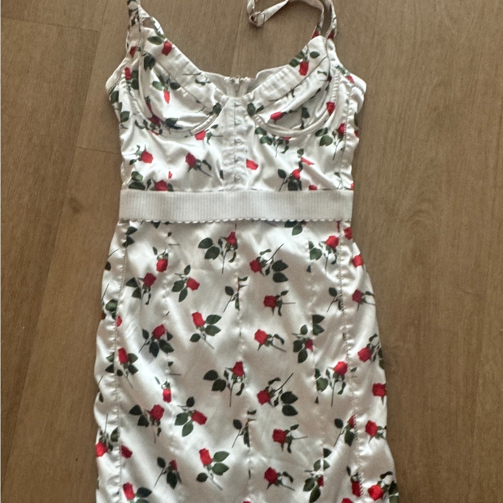 For Love & Lemons White Satin Slip Dress with Red Rose Print